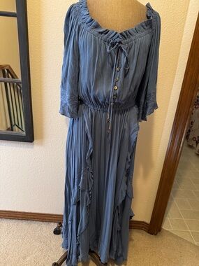 Free People Dusty Blue Boho Ruffle Maxi Dress